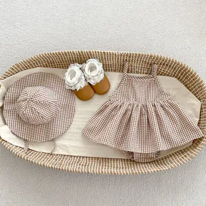 Baby girl summer plaid bodysuit dress set with matching sun hat and lace socks shoes