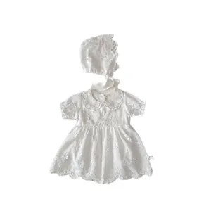 Baby girl white lace dress set with matching sun hat and floral embroidery details
