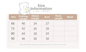 Detailed size chart for baby rabbit ear romper featuring length sleeve and bust measurements