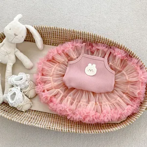 Pink toddler girl summer set with rib camisole and layered mesh tutu skirt