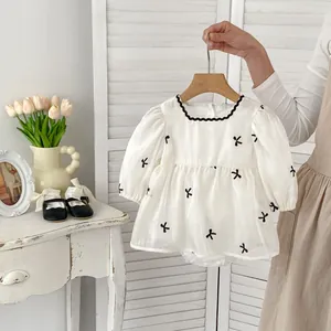 White baby girl long sleeve romper dress with black bows and wave collar ruffles