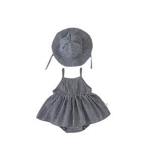 Baby girl summer black and white gingham romper dress with matching sun hat set
