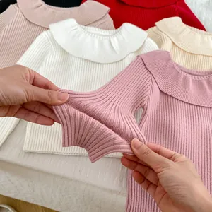 Girls ribbed knit sweater with large ruffle collar and high elasticity in multi colors