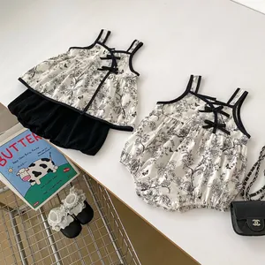 Baby girl summer floral romper and two-piece outfit set in breathable cotton fabric