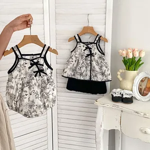 Baby Girls Summer Cotton Romper Set Vintage Floral Print Sleeveless Bodysuit Bow Decor Chinese Style Toddler Outfits