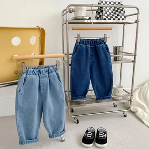 Kids Casual Cotton Denim Pants Elastic Waist Loose Straight Leg Jeans For Boys Versatile Spring Autumn Trousers