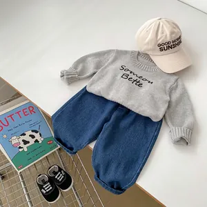 Kids grey knitted sweater and wide-leg denim jeans two-piece casual clothing set