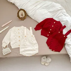 Knitted baby girl hollow diamond pattern cardigan and romper two-piece set in cream and red