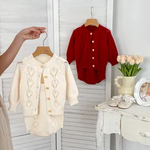Infant hollow knit sweater and romper set in cream white and dark red colors