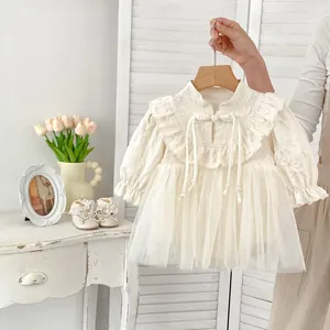 French retro cream baby girl long sleeve romper with floral embroidery and tulle skirt