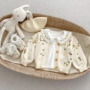 Baby Meisjes Bloemenborduurwerk Gebreid Vest Katoen Lange Mouw Ronde Hals Trui Jas Retro Pastoraal Stijl Peuter Top