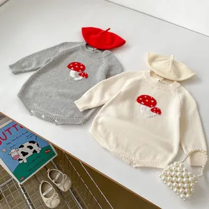 Infant knitted long sleeve mushroom romper sets with matching beret hats for babies