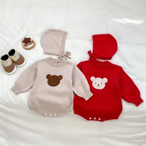 Grenouillère Bébé En Tricot Avec Broderie Ours Et Bonnet Combinaison En Coton Manches Longues Pour Nouveau-Né Vêtements Automne