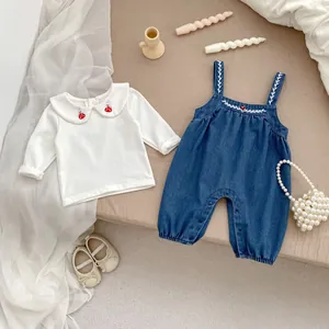 Infant long-sleeve cotton top and denim suspender romper with mushroom embroidery