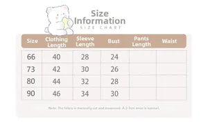 Size chart for baby ruffle romper with dimensions for lengths and chest from 66 to 90 cm