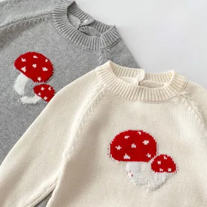 Infant knitted long sleeve romper with mushroom pattern in grey and beige tones