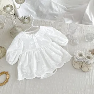 Pagliaccetto Abito da Neonata in Cotone Manica Lunga Colletto Peter Pan Pizzo Ricamo Fiocco Body Principessa Vestiti