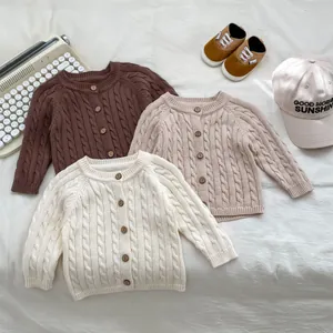 Cotton Cable Knit Baby Cardigan Sweater For Infants Toddlers Vintage Crew Neck Long Sleeve Outerwear Top With Wood Buttons