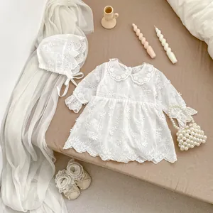 White infant girl embroidery long sleeve romper dress set with matching hat and lace shoes