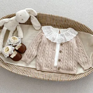 Vintage baby cable knit cardigan in apricot with lace collar and matching leather shoes