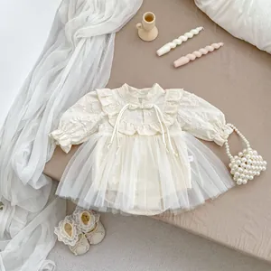 Baby Girl New Chinese Style Frog Button Bodysuit Long Sleeve Romper Tulle Princess Dress For Birthday Party Apricot