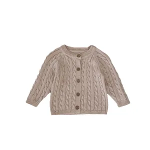 Classic cable knit cotton cardigan for babies with round neck and wooden buttons