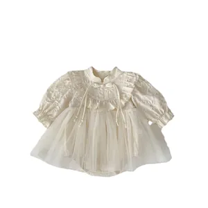 Infant girl princess romper with floral lace embroidery and soft tulle tutu skirt