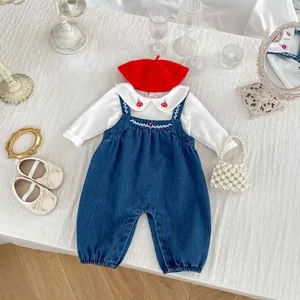 Baby Denim Overalls Mushroom Embroidered Shirt Set White Long Sleeve Peter Pan Collar Cotton Romper Toddler Clothing