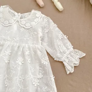 Detail view of baby lace dress featuring delicate daisy embroidery and petal collar