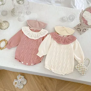 Baby Mädchen Süß Rüschenkragen Strampler Gestrickt Zopfmuster Baumwolle Langarm Farbblock Hohlspitze Bodysuit Säuglings Krabbelanzug
