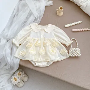 Sweet cream baby long sleeve romper dress with 3D roses and Peter Pan collar