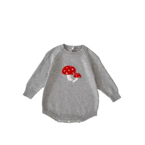 Gray knitted baby romper featuring a cute mushroom pattern and long sleeves for comfort