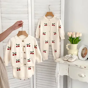 Pagliaccetto a Maglia per Neonati Outfit con Cardigan Ricamo Ciliegia in Morbido Cotone Vestiti per Infanti Primavera Autunno