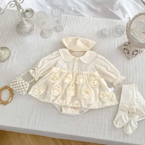 Baby Girl Long Sleeve Romper Dress 3D Floral Applique Peter Pan Collar Apricot Cotton Princess Jumpsuit Infant Toddler