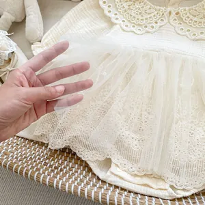 Detail of baby lace romper with mesh layers and delicate floral embroidery