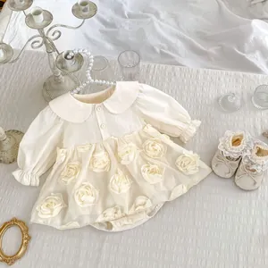 Off-white baby girl long sleeve romper dress with 3D roses and matching lace shoes