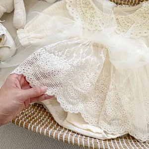 Infant girl lace princess bodysuit with mesh embroidery and vintage floral collar