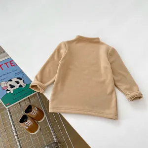 Detail of baby khaki thermal fleece top showing plush texture and warm round neck