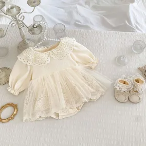 Baby Girls Long Sleeve Lace Princess Romper Dress Mesh Skirt Headband Shoes Outfit Set Apricot Cotton Infant Bodysuit Birthday Party Clothes