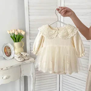 Infant girl long sleeve lace princess romper dress with embroidered collar in cream
