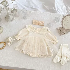 Baby girl beige lace tutu bodysuit set with matching headband and knitted tights