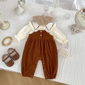 Baby Mädchen Retro Herbst Outfit Baumwolle Langarm Rüschenhemd Blumenstickerei Und Cord Hosenträger Hose Kinder Kleidung