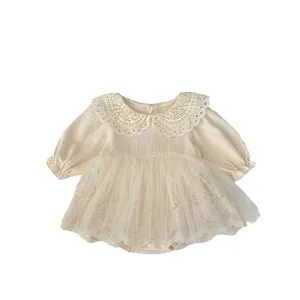 Infant girl lace collar tulle tutu romper dress in creamy white for special occasions