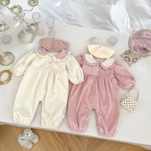 Newborn corduroy long sleeve romper with ruffle collar and matching knit beret