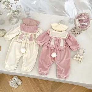 Cute bunny ear baby romper set with matching beret in pink and cream velvet fabric
