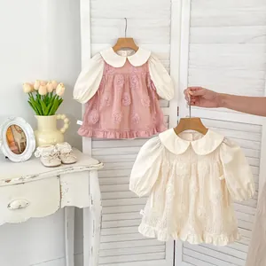 Ensemble Robe Body Bébé Fille Fleur Rose 3D Dentelle Col Claudine Manches Longues Tenues de Fête d'Anniversaire Princesse