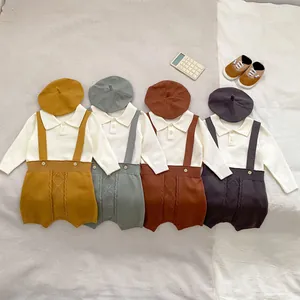 Baby boys' three-piece knitted set with polo shirt, suspender pants, and beret hat in four colors