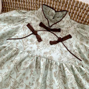 New Chinese style floral infant baby girl romper with traditional knot details in light green