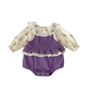 Infant floral long sleeve top and purple corduroy ruffles romper two-piece outfit