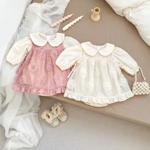 Robe body bébé fille manches longues avec fleurs en dentelle en rose et beige